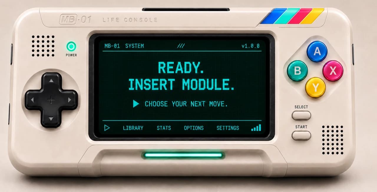 Front view of the cream MB-01 Life Console ready for a module