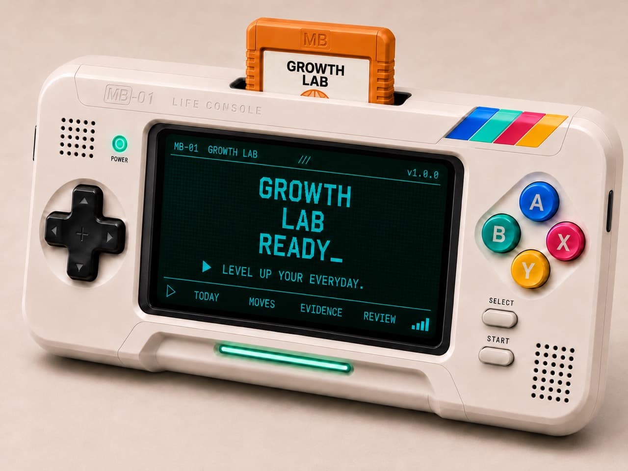 MB-01 Life Console with the orange Growth Lab cartridge loaded