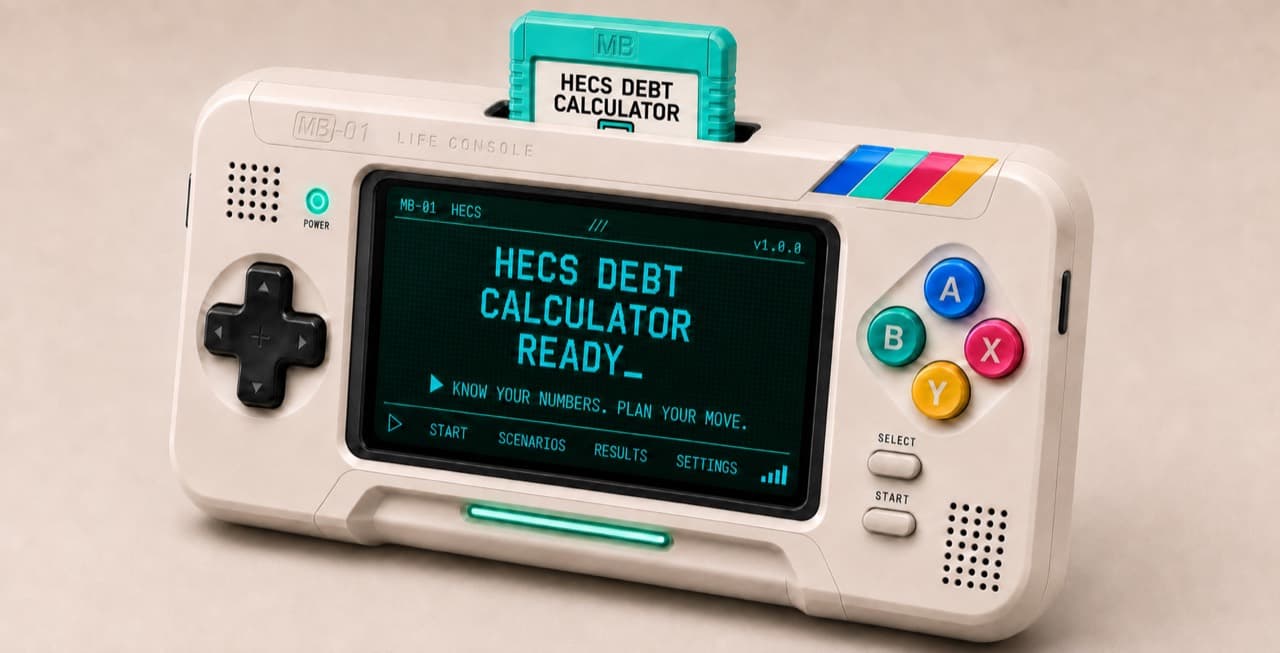 Cream MB-01 Life Console with the mint HECS Debt Calculator cartridge inserted